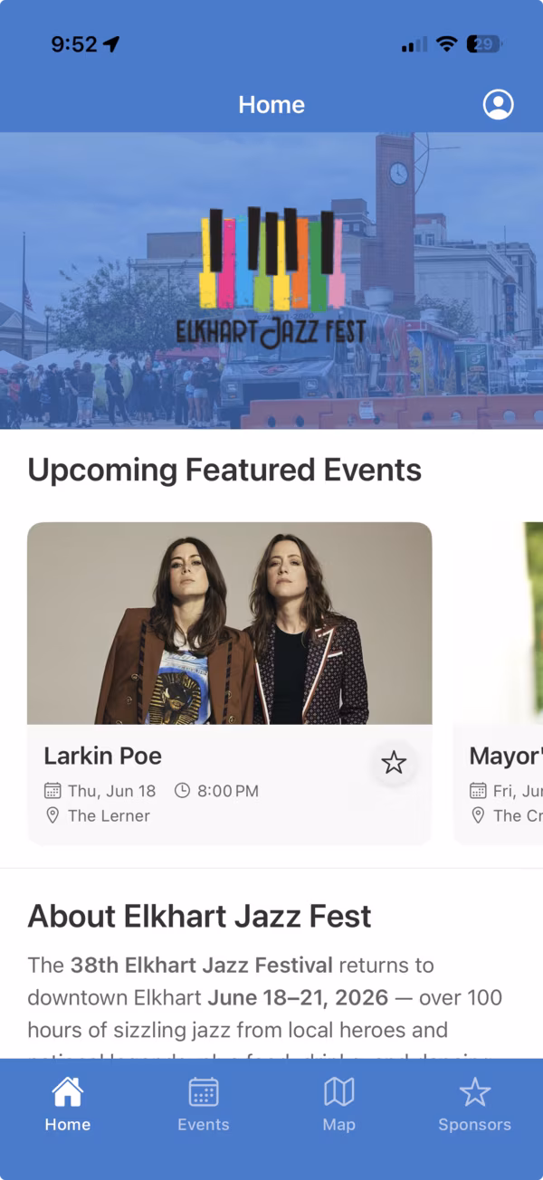 Elkhart Jazz Festival App home screen